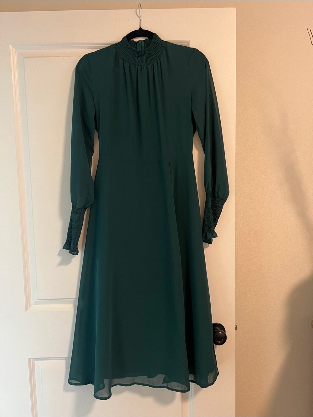 Emerald Green Long Sleeve Smocked Neck Dress